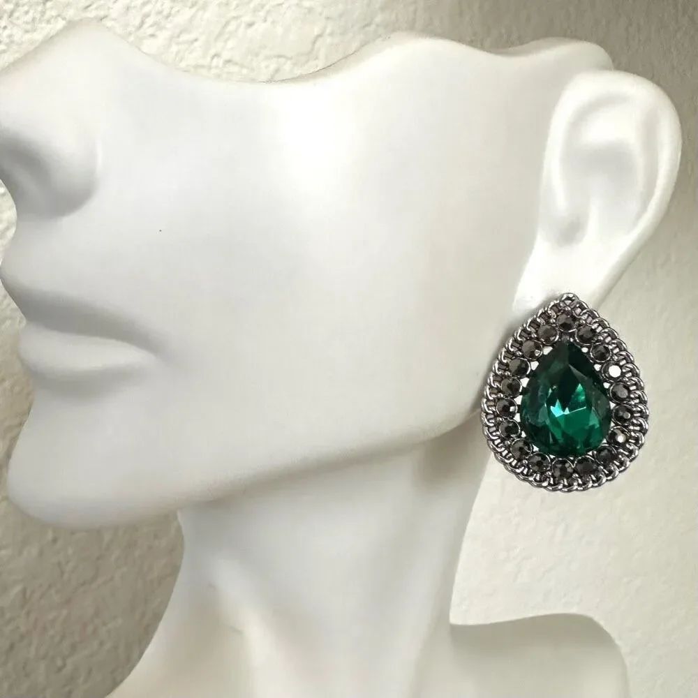 Green rhinestone silver tone teardrop post earrings